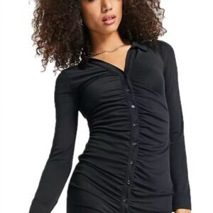 BNWT TOPSHOP Ruched Jersey Cupro Mini Shirtdress in black. Size 8